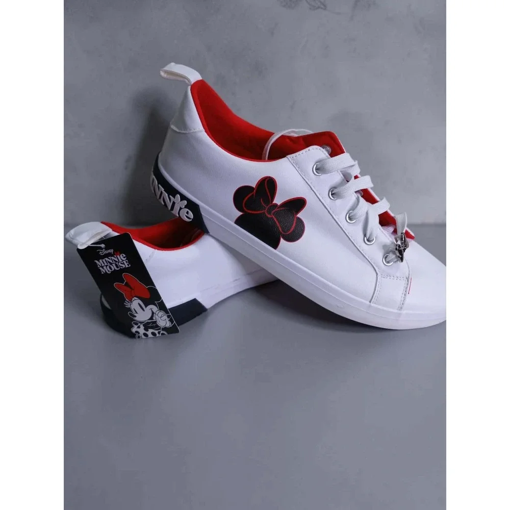Disney Minnie Mouse Womens White Red Low Top Sneakers Bow Charm Size 11 NEW
